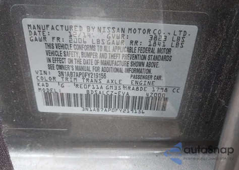 2015 Nissan Sentra S z USA, uszkodzony, nr VIN 3N1AB7AP0FY219156